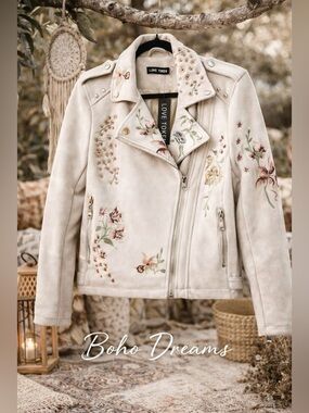 Love Token Embroidered Moto Jacket Cream Floral NWT Small
